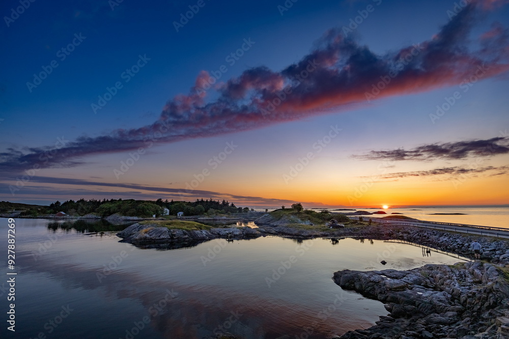 Fototapeta premium Areal shot of the house on an island by the Atlantic road in Norway