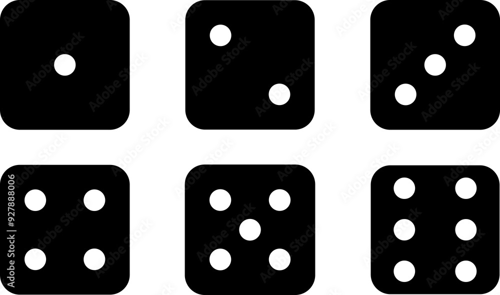 Set of Black Dice Icons - Black Dice Face One to Six Icon Collection, High-Resolution Vector Graphics on Transparent Background, Perfect for Casino, Board Games, and Gaming Interfaces Set of Black Dice Icons - Black Dice Face One to Six Icon Collection, High-Resolution Vector Graphics on Transparent Background, Perfect for Casino, Board Games, and Gaming Interfaces