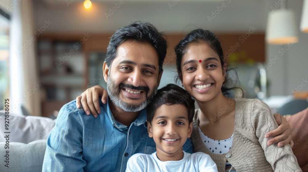 Obraz premium happy Indian family sitting on the sofa in a modern apartment, father, mother, son, child, husband, wife, portrait, smiling people, lifestyle, man, woman, boy, kid, parents, children, India, home
