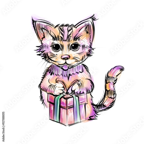 Sketch hand drawn ginger cat opening a gift box, black line