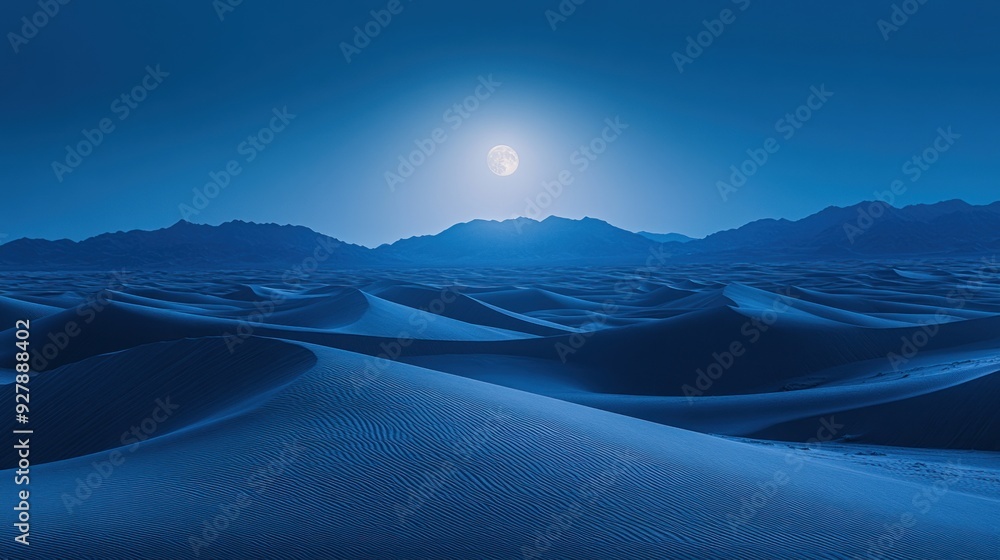 Fototapeta premium Moonlit desert landscape, silvery sand dunes, cool night tones