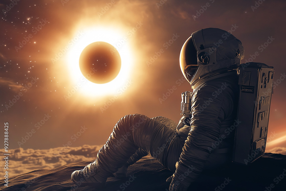 Fototapeta premium Anonymous astronaut watching a solar eclipse