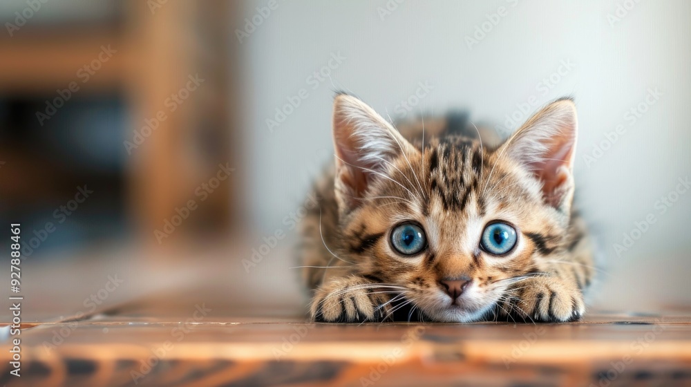 Playful Bengal kitten with striking blue eyes on table Adorable cat grooming space for text Playful Bengal kitten with striking blue eyes on table Adorable cat grooming space for text