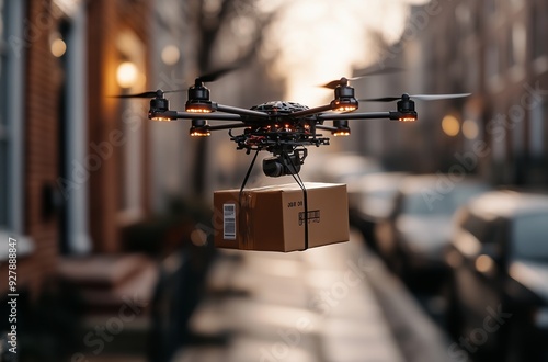 Un drone consegna un pacco davanti alla porta di casa in un contesto urbano, rappresentando il futuro della logistica e delle spedizioni rapide e automatizzate.