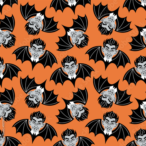 Seamless pattern with vimpire with bat wings on orange background.