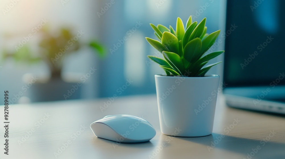 Minimalist Workspace with Plant and Wireless Mouse Minimalist Workspace with Plant and Wireless Mouse
