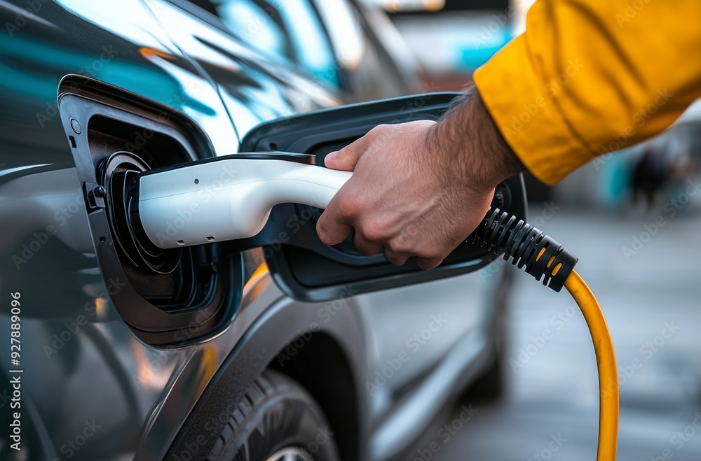 Primo piano di una mano che collega un cavo di ricarica a un'auto elettrica, simbolo di un futuro sostenibile e della transizione verso un'energia più pulita e efficiente. Primo piano di una mano che collega un cavo di ricarica a un'auto elettrica, simbolo di un futuro sostenibile e della transizione verso un'energia più pulita e efficiente.