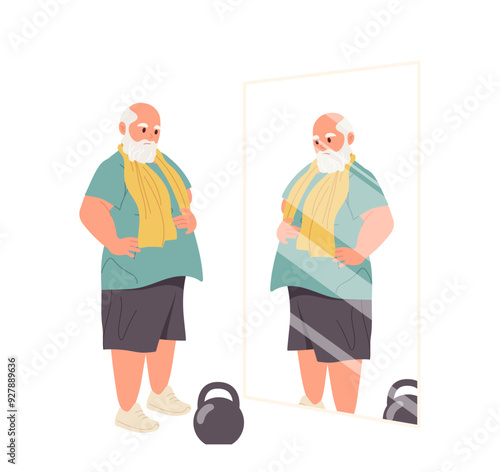 Retired man cartoon character looking at mirror feeling proud after training with dumbbells