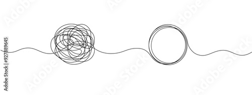 Tangle and unraveling thread of thoughts drawn in one continuous line. Concept of psychotherapy, mental health, problem solving. Vector editable line illustration.