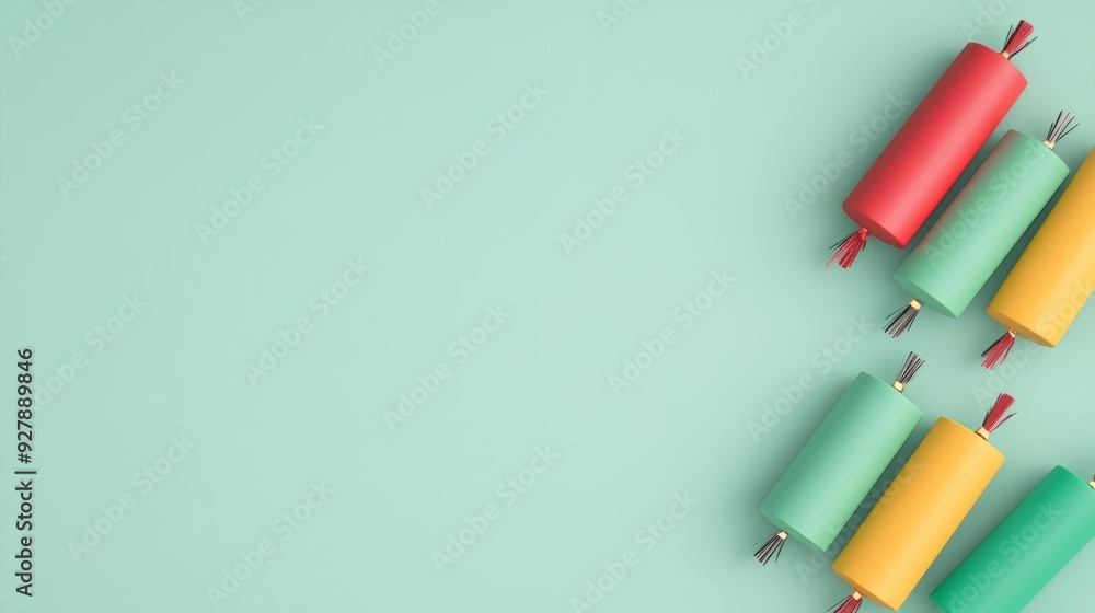 Firecrackers, colorful packaging, ready to be lit, 3D illustration Firecrackers, colorful packaging, ready to be lit, 3D illustration