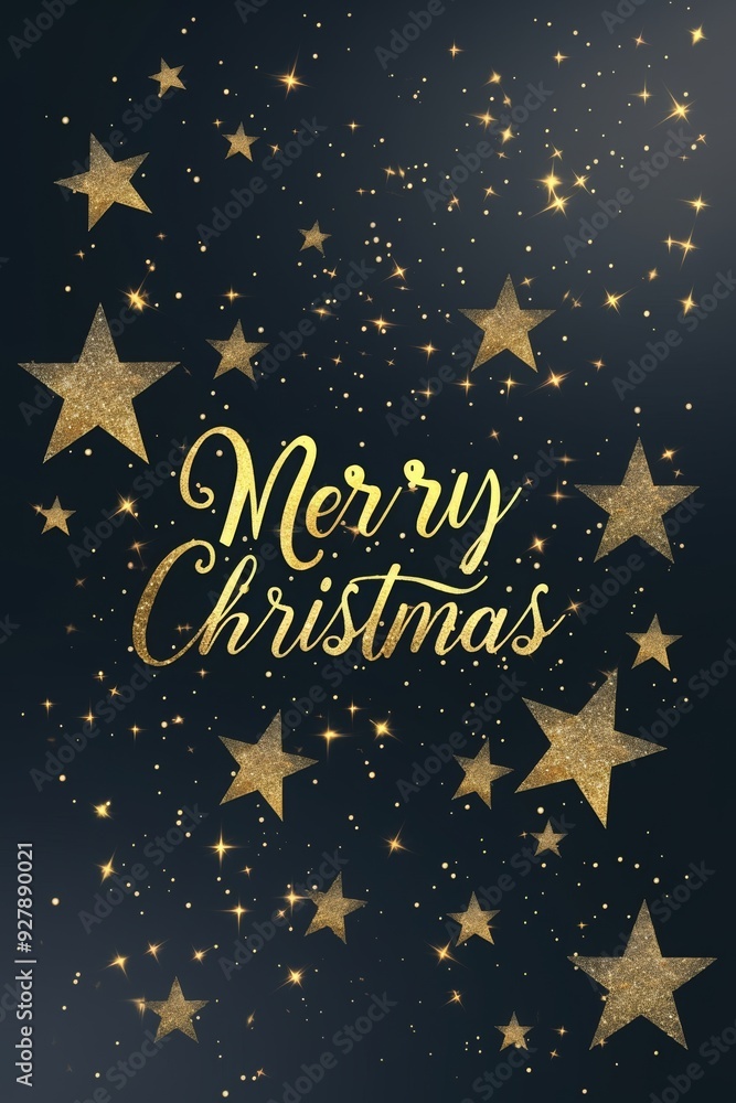 Naklejka premium golden Christmas stars in starry night and text 