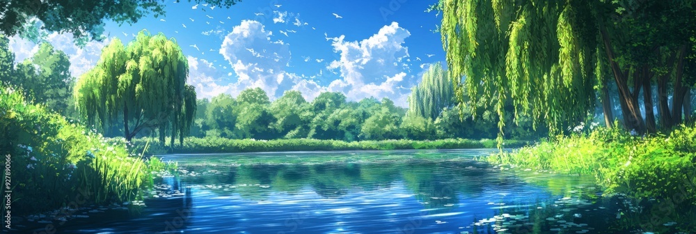 Fototapeta premium Enchanted anime-style Summer Riverbank: Willows Gracefully Swaying by the Serene Waters, an Idyllic Escape for Leisure and Travel,Anime-Style,illustration,Picture BooksFor Poster,Novel,UI,WEB,Game,Des