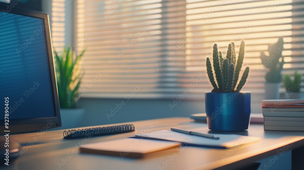 Fototapeta premium Modern Home Office Workspace with Cactus and Sunlight