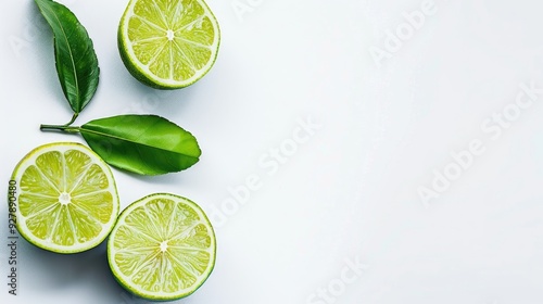 Halved green lime on a white background with copy space