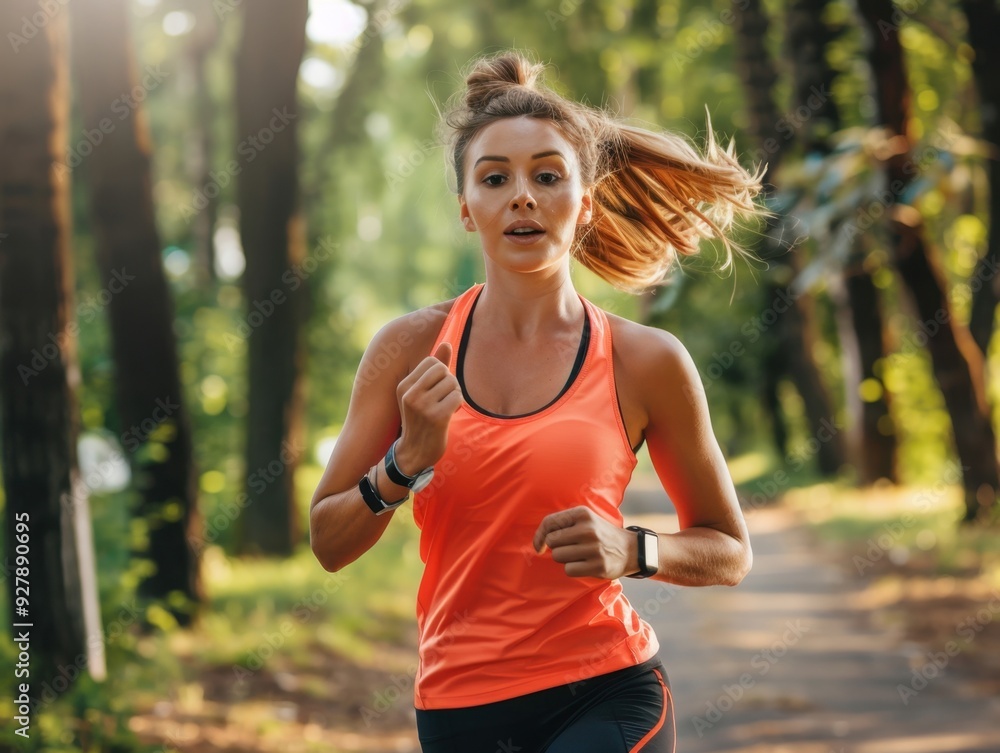 Young woman jogging on a sunlit trail surrounded by lush greenery in a tranquil nature setting Young woman jogging on a sunlit trail surrounded by lush greenery in a tranquil nature setting