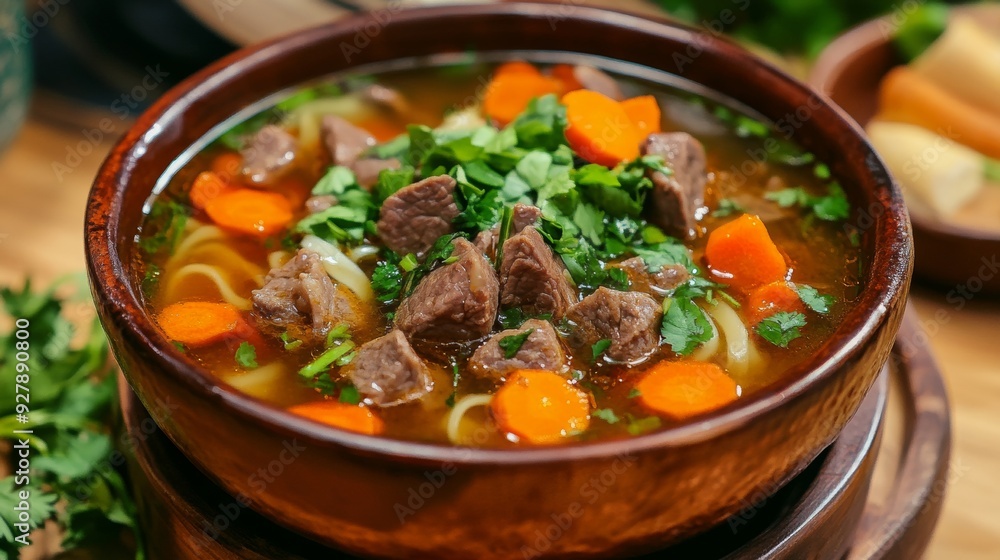 The national cuisine of Vietnam: Vietnamese soup with beef, noodles and carrots. The national cuisine of Vietnam: Vietnamese soup with beef, noodles and carrots.