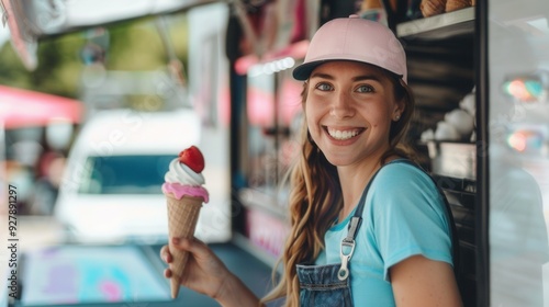 Smiling worker of a beautiful ice cream truck with ice cream photo