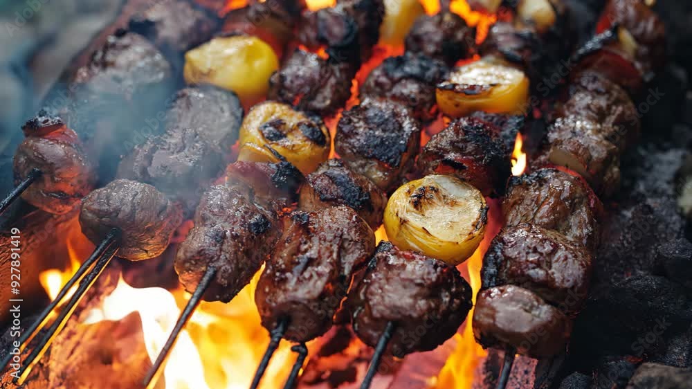 top view BBQ sticks sizzling on fire with smoke and flame top view BBQ sticks sizzling on fire with smoke and flame