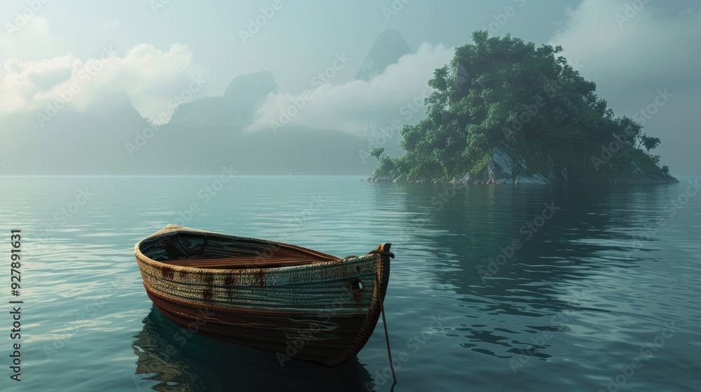 Solitary boat with island backdrop Solitary boat with island backdrop