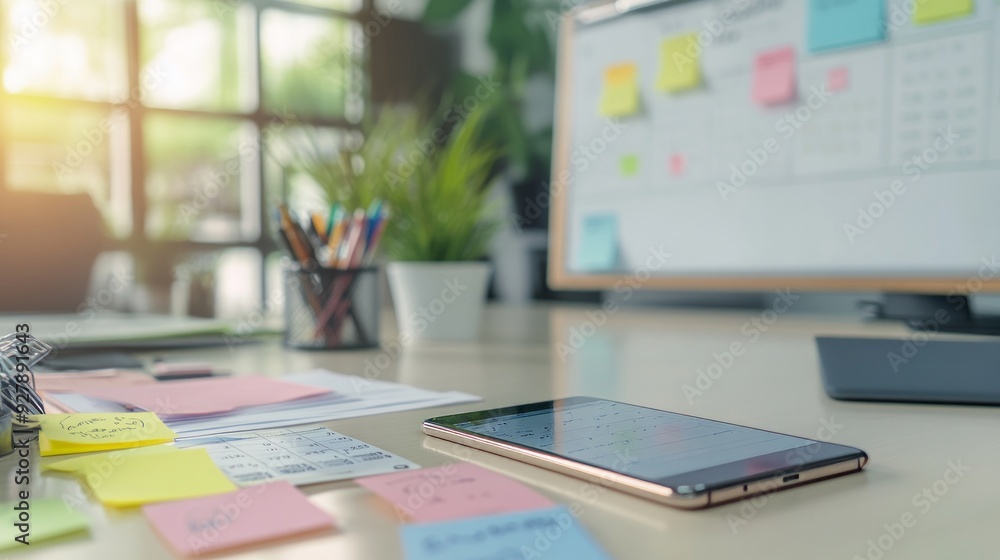 Naklejka premium Modern Office Desk with Smartphone and Sticky Notes