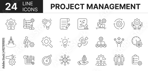 Collection of 24 project management line icons featuring editable strokes. These outline icons depict various modes of project management, business, plan, strategy, development, 