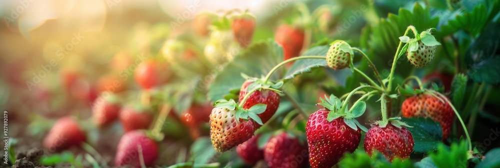 strawberry plant with fruit in plantation farm field strawberry plant with fruit in plantation farm field