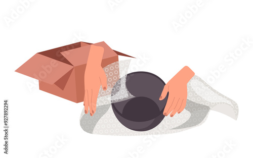 Cartoon female hands packing ceramic bowl into bubble wrapping film isolated on white background