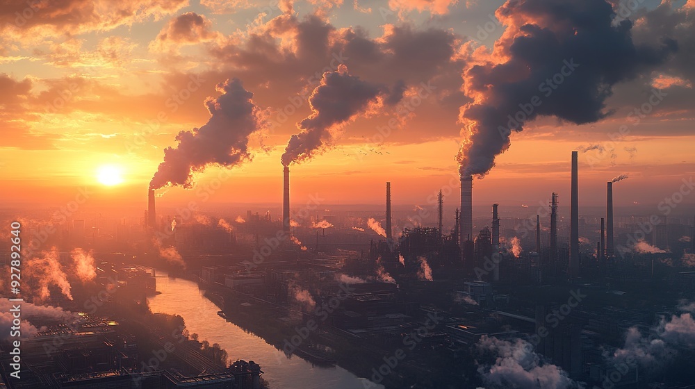 A wide-angle view of a sprawling industrial complex with smoke stacks releasing clouds into the sky, set against a backdrop of a setting sun A wide-angle view of a sprawling industrial complex with smoke stacks releasing clouds into the sky, set against a backdrop of a setting sun