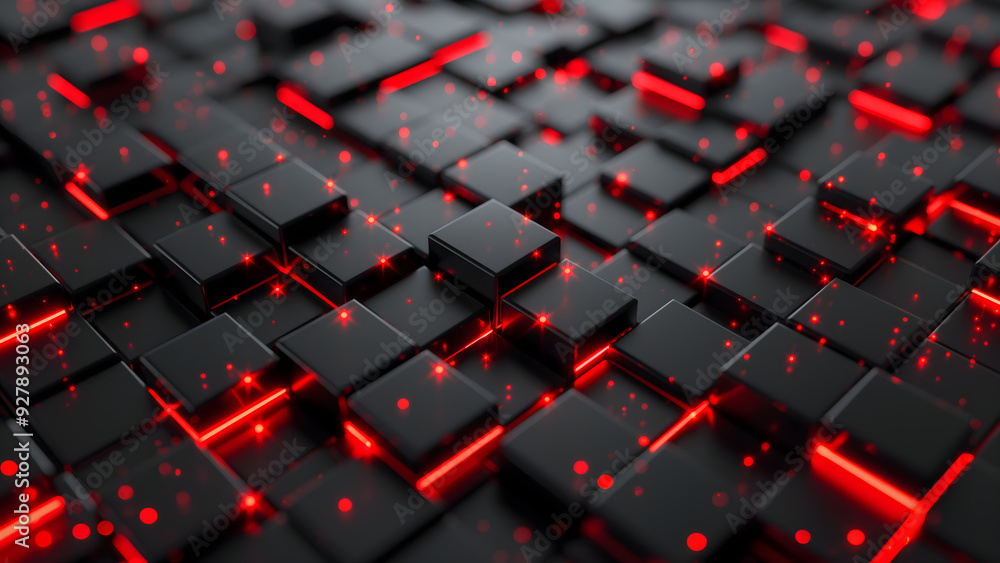 Obraz premium 3D abstract tech background with black cubes and red glowing lights