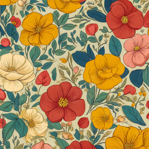 a colorful floral pattern with flowers and leaves.