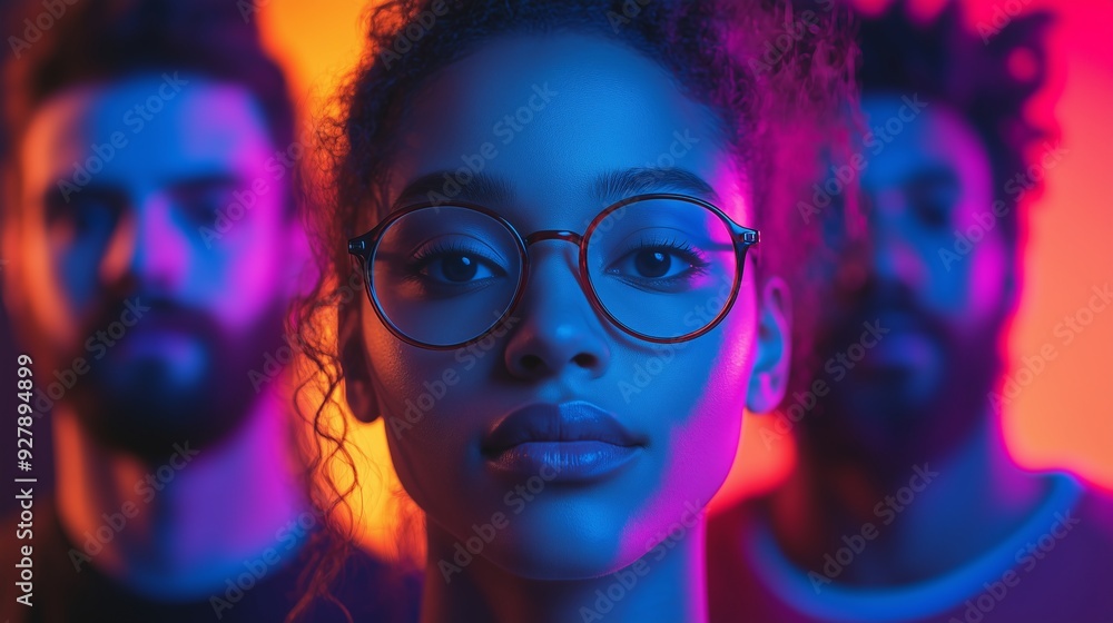Ritratto ravvicinato di una giovane donna afroamericana con occhiali, immersa in luci al neon multicolori. L'immagine celebra la bellezza, l'inclusività e la forza espressiva. Ritratto ravvicinato di una giovane donna afroamericana con occhiali, immersa in luci al neon multicolori. L'immagine celebra la bellezza, l'inclusività e la forza espressiva.