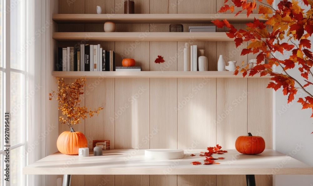 Modern home office with a sleek white desk, wooden shelves, autumn-inspired decor Modern home office with a sleek white desk, wooden shelves, autumn-inspired decor