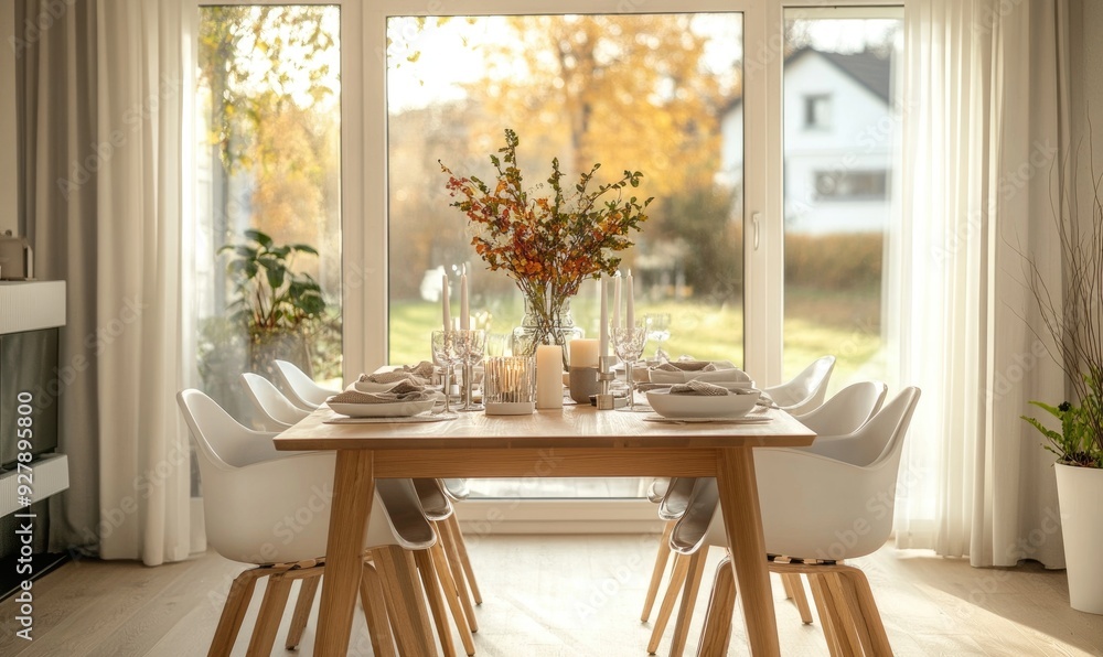 A dining room with a light wooden table, white chairs, and a centerpiece of autumn foliage and candles A dining room with a light wooden table, white chairs, and a centerpiece of autumn foliage and candles