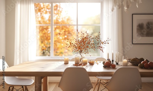 Wallpaper Mural A dining room with a light wooden table, white chairs, and a centerpiece of autumn foliage and candles Torontodigital.ca