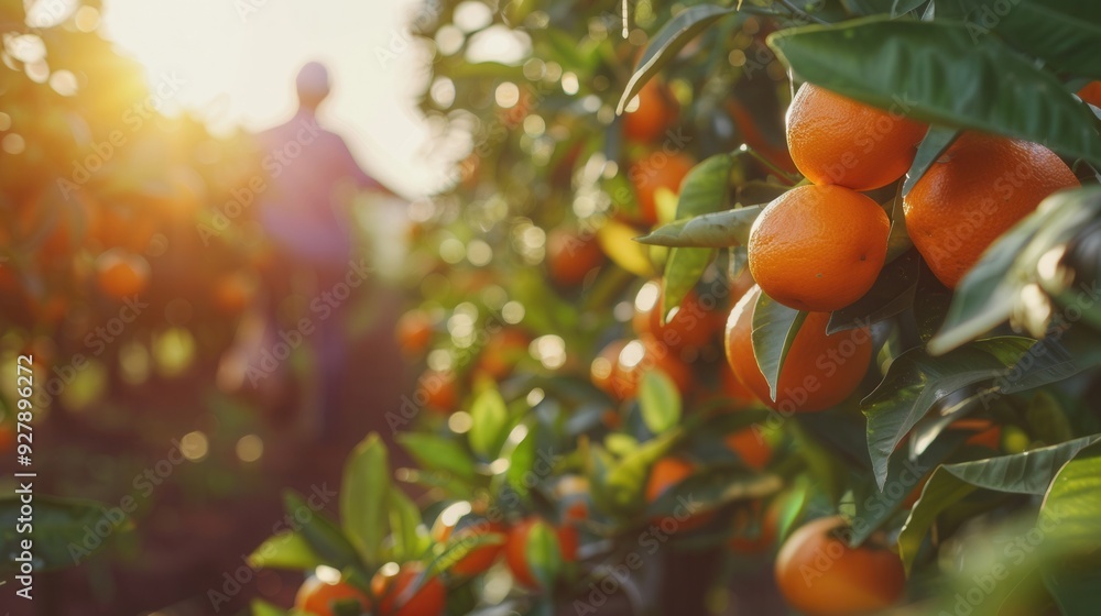 Farmer working picking orange fruit from tree in plantation farm field Farmer working picking orange fruit from tree in plantation farm field