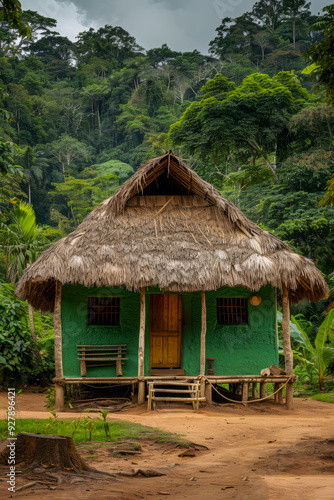 Ecotourism, Small green cabin with thatched roof in a dense tropical rainforest, rustic jungle retreat, eco-tourism destination, nature harmony concept, simplicity in design.