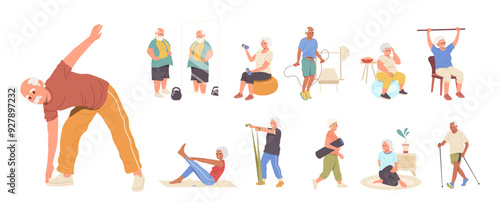 Senior people cartoon characters doing sport practicing yoga enjoying aerobic and gymnastics set