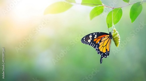 Monarch butterfly emerging from its chrysalis on a green leaf
