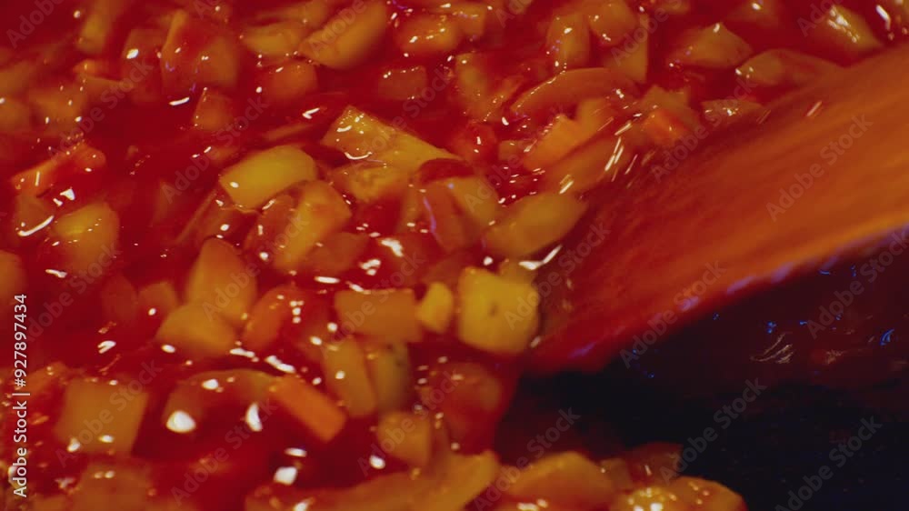 Cooking a vegetarian dish. Sweet green peppers are fried in tomato sauce in a frying pan. Close-up. Top view Cooking a vegetarian dish. Sweet green peppers are fried in tomato sauce in a frying pan. Close-up. Top view