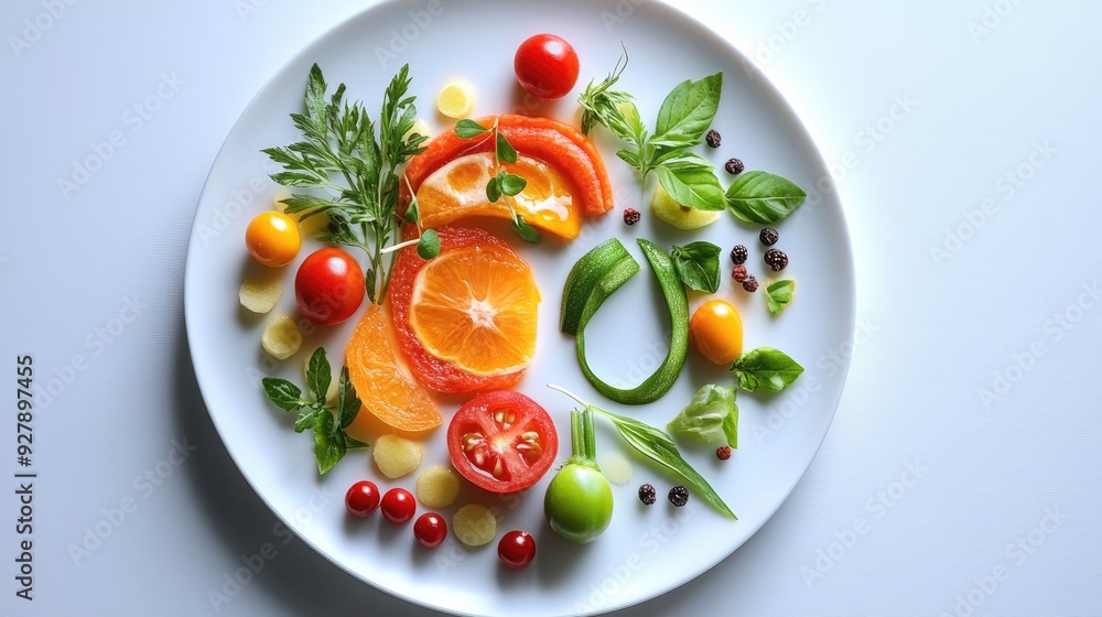 A beautifully crafted food art piece featuring intricate designs made from fresh fruits and vegetables, set on a white plate. A beautifully crafted food art piece featuring intricate designs made from fresh fruits and vegetables, set on a white plate.