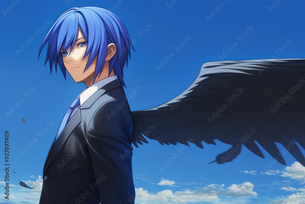 Anime-style of a male character in a suit with large blue wings, set against a bright sky. The image represents leadership, power, and determination, blending professional and fantasy elements. Anime-style of a male character in a suit with large blue wings, set against a bright sky. The image represents leadership, power, and determination, blending professional and fantasy elements.