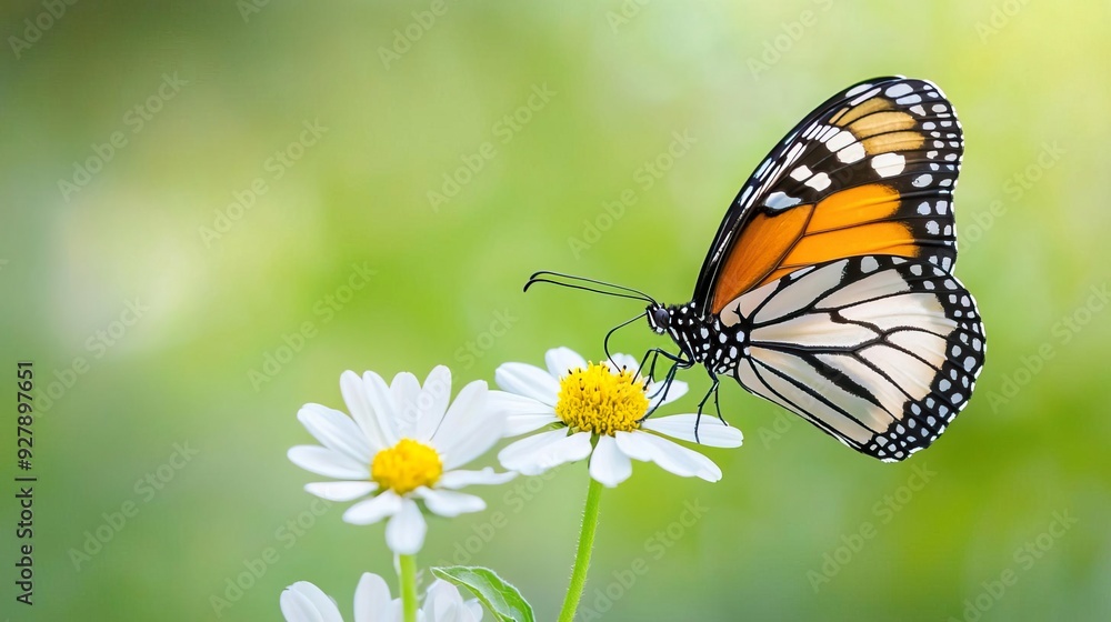 Closeup of a bright orange butterfly perched on a white flower with green blurred background. Closeup of a bright orange butterfly perched on a white flower with green blurred background.