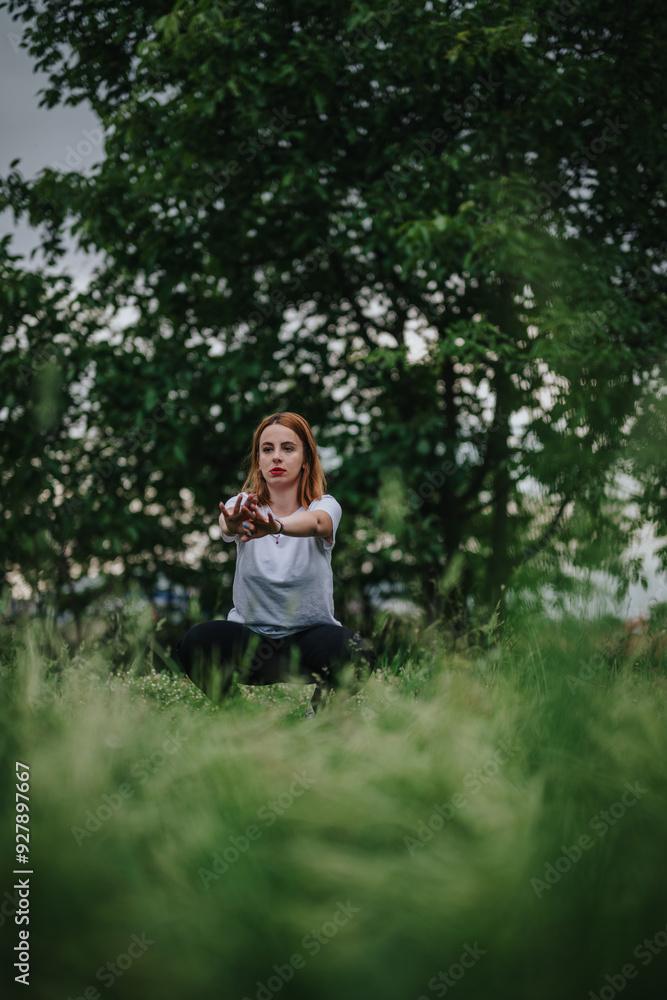 A woman performs a yoga pose outdoors, surrounded by lush greenery. The tranquil park setting highlights relaxation and mindfulness during her exercise routine. A woman performs a yoga pose outdoors, surrounded by lush greenery. The tranquil park setting highlights relaxation and mindfulness during her exercise routine.
