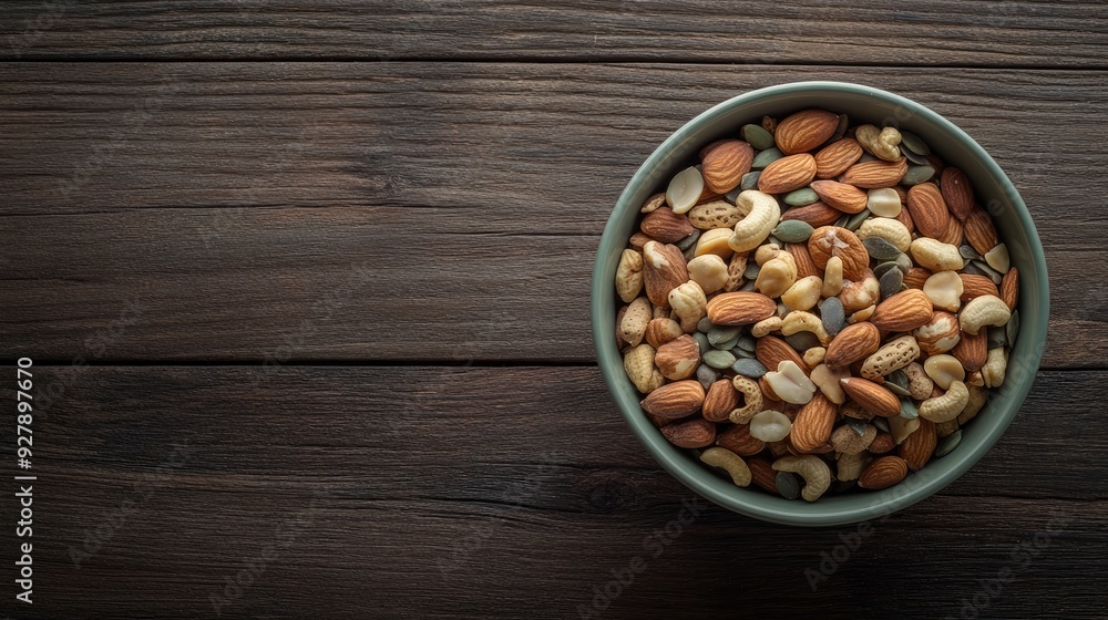 A bowl of mixed nuts and seeds on a rustic wooden surface, with space for copy or branding. A bowl of mixed nuts and seeds on a rustic wooden surface, with space for copy or branding.