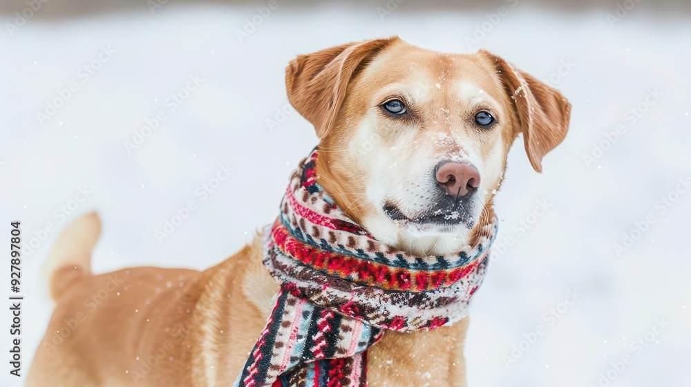 Dog with a winter scarf playing in the snow, National Dog Day, winter joy Dog with a winter scarf playing in the snow, National Dog Day, winter joy