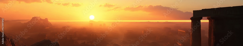 Fototapeta premium Sunset Over Enchanted anime-style Ancient Ruins: Magical Dusk at Historical Landmarks for Time Travel Tales and Leisurely Vacations,Anime-Style,illustration,Picture BooksFor Poster,Novel,UI,WEB,Game,D
