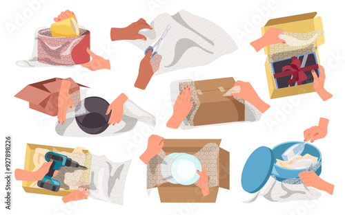Human hands packing fragile utensil and glasses, digital electronics, hardware in bubble wrap