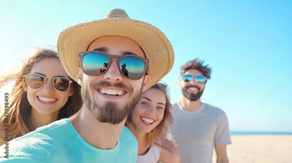 Group of friends taking a selfie on the beach, summer vacation. Group of friends taking a selfie on the beach, summer vacation.