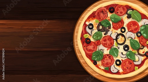 A colorful clipart of a pizza with various toppings on a wooden board, with space for promotional content on the side.