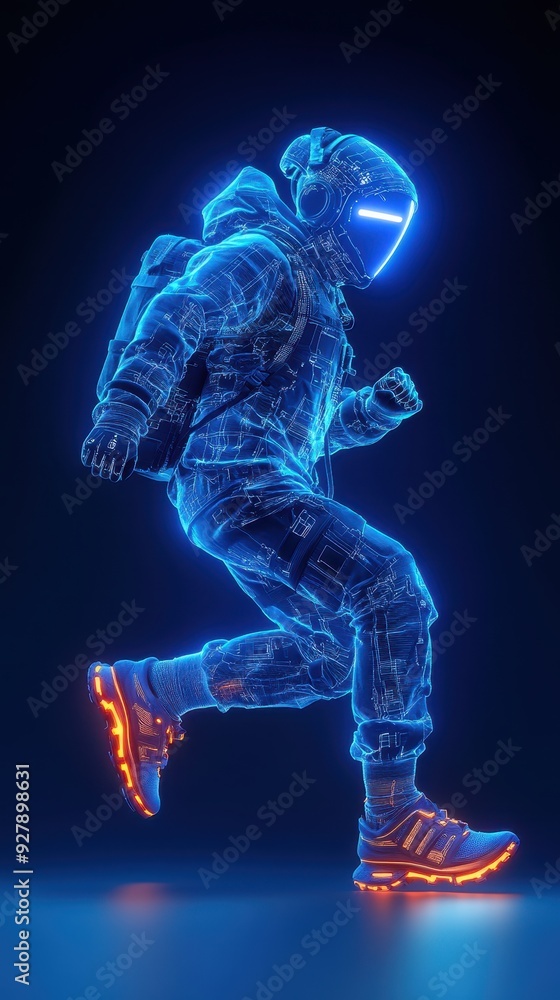 A futuristic astronaut in a glowing suit, running dynamically in a vivid, neon environment, showcasing advanced technology and design. A futuristic astronaut in a glowing suit, running dynamically in a vivid, neon environment, showcasing advanced technology and design.